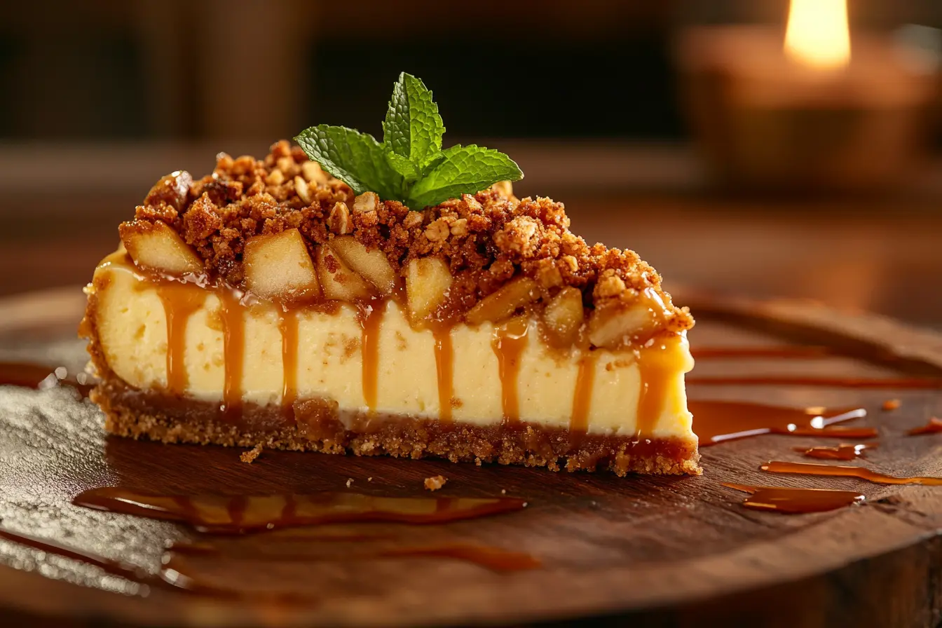 Apple crumble cheesecake slice with caramel drizzle and mint