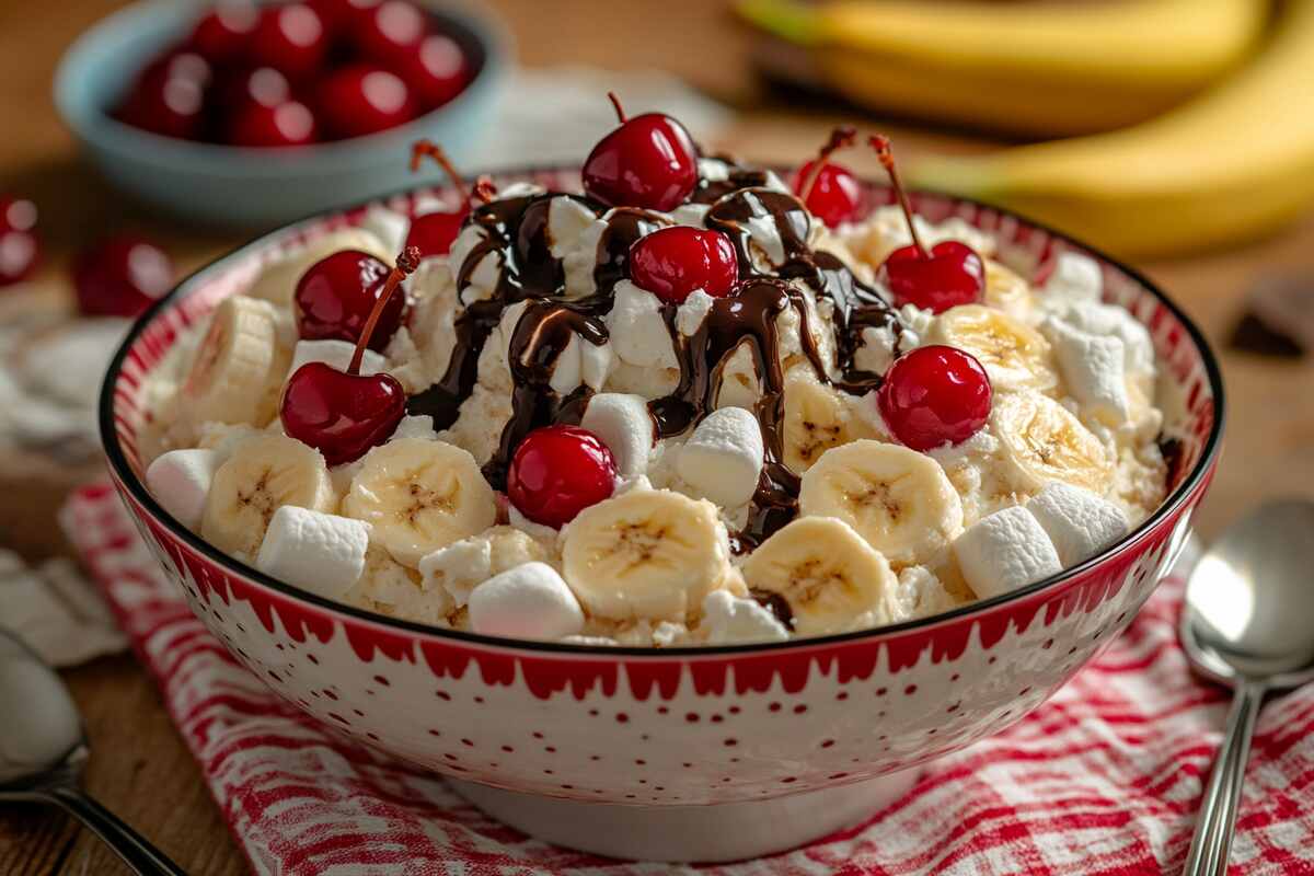 A bowl of Banana Split Fluff Salad topped with cherries and chocolate drizzle.