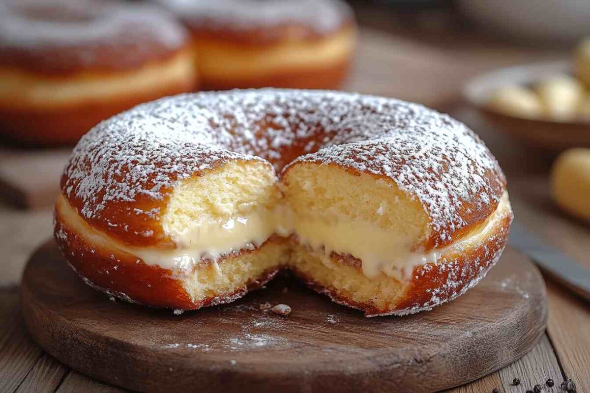 American version of eclairs: A fresh Boston cream donut with a creamy filling and chocolate topping.