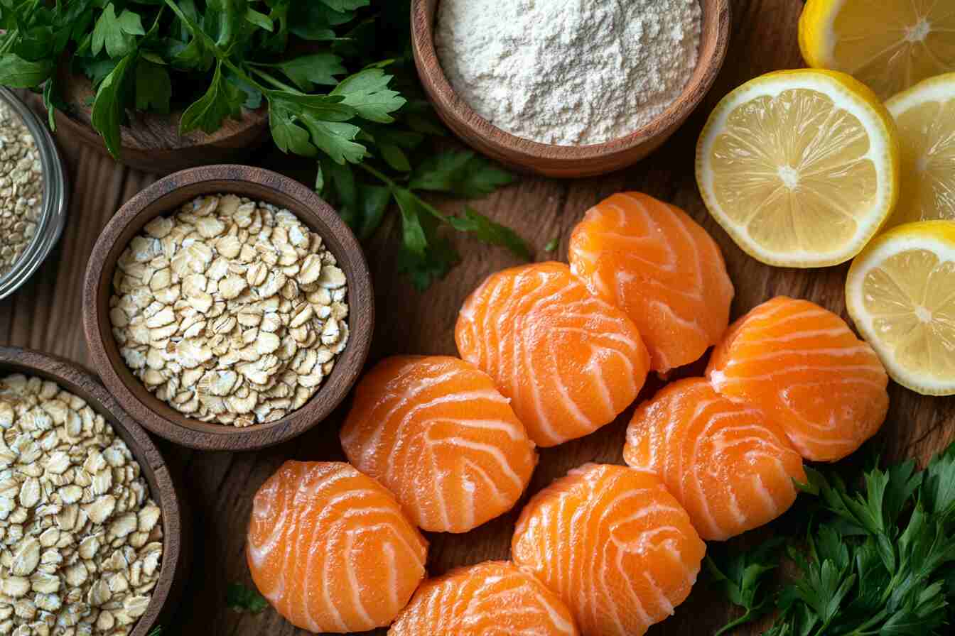 Various substitutes for breadcrumbs in salmon patties displayed on a kitchen counter