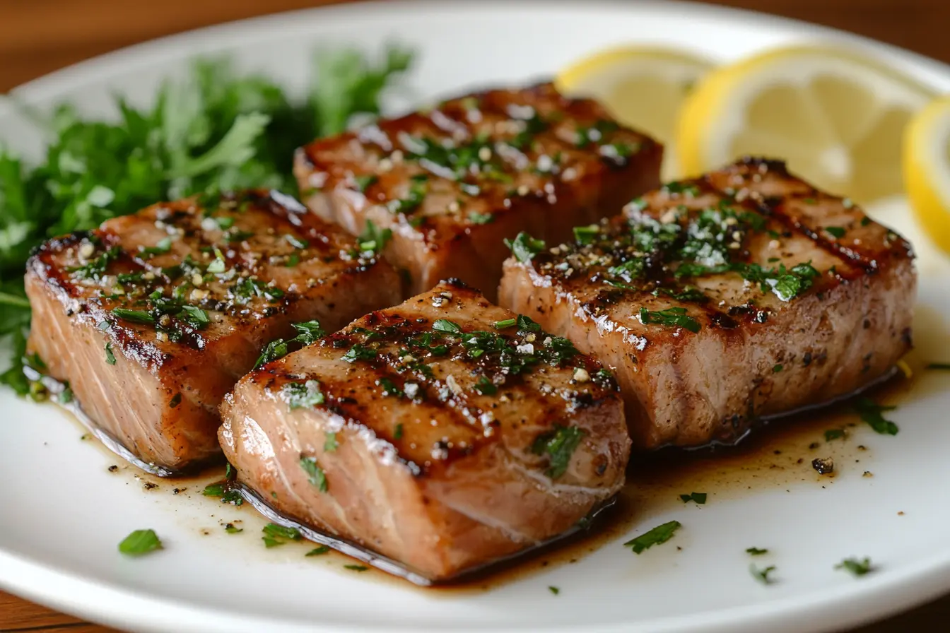 Freshly brined tuna steaks on a plate