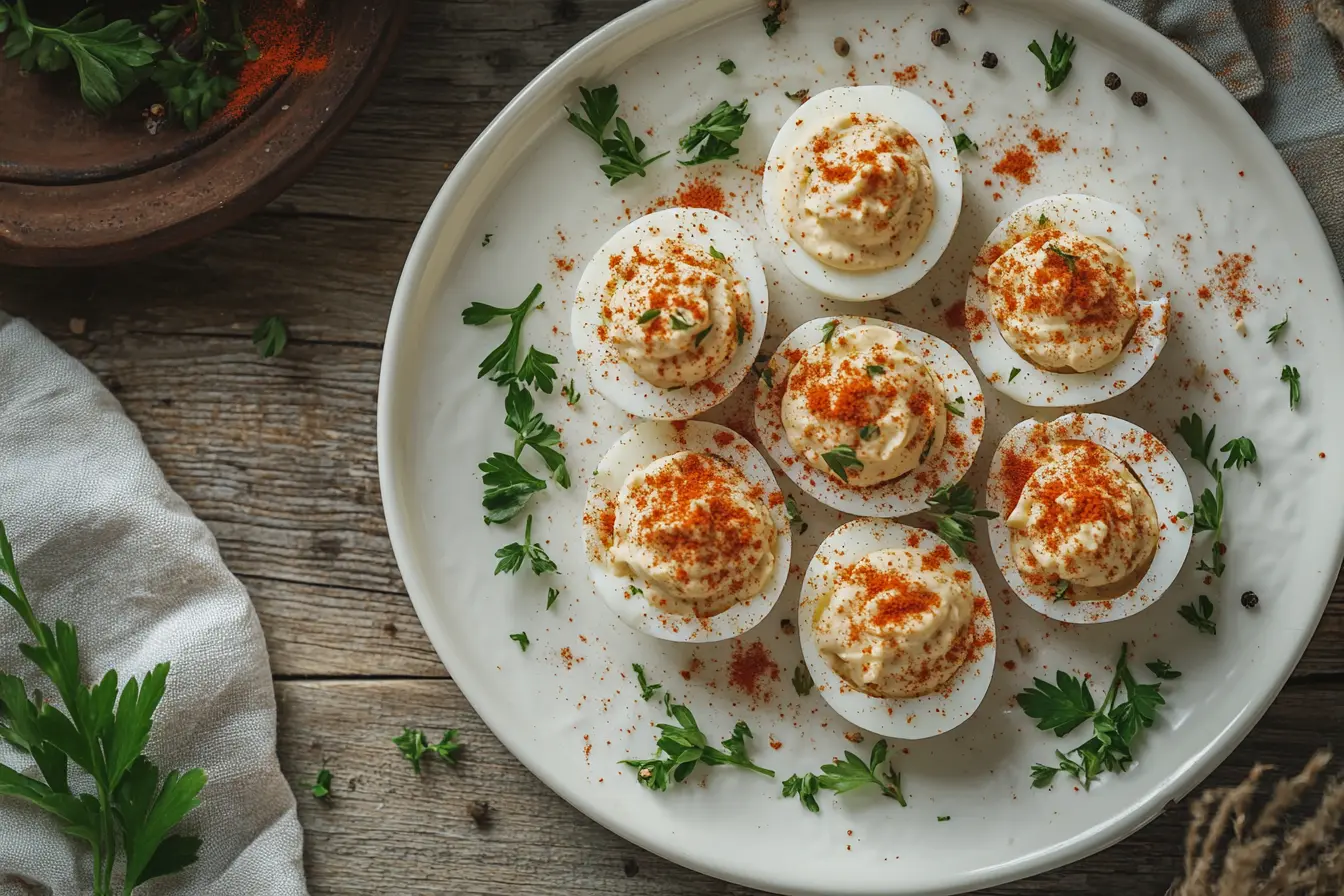 A plate of classic deviled eggs garnished with paprika and herbs.