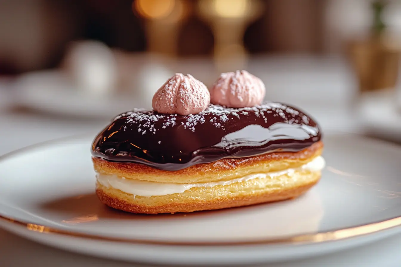 A traditional French éclair topped with chocolate glaze.