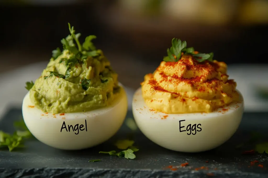 A visual comparison of deviled eggs and angel eggs highlighting their differences in ingredients and preparation