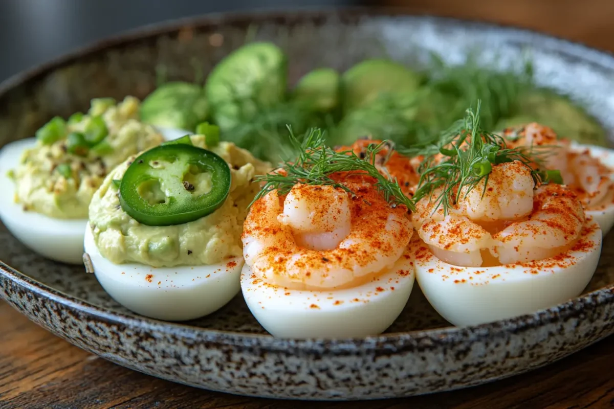 Deviled eggs with different toppings like jalapeños, shrimp, and avocado