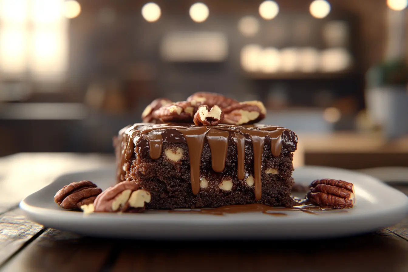 Turtle Brownies topped with caramel and pecans on a rustic table