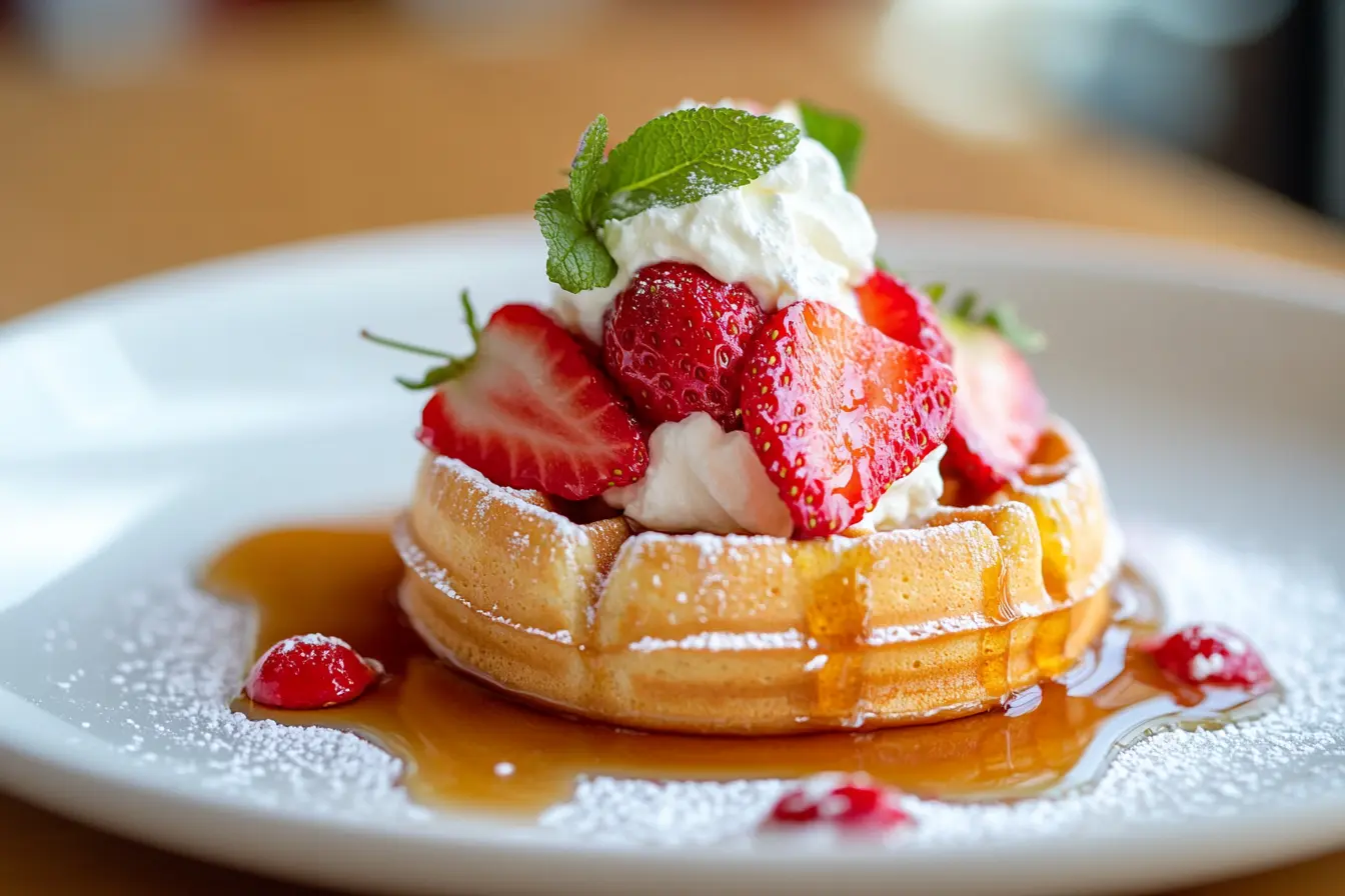 Plate of strawberry waffles with fresh strawberries and syrup