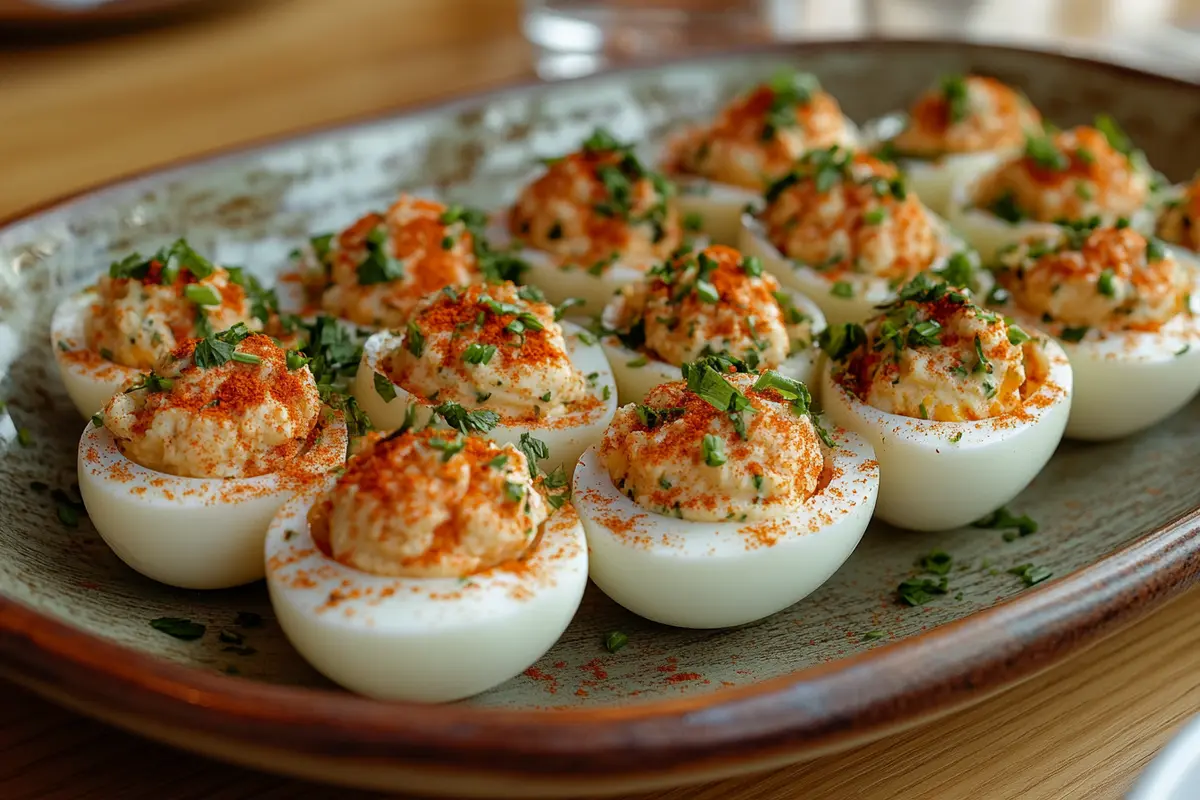 A plate of deviled eggs without mayonnaise on a wooden table.