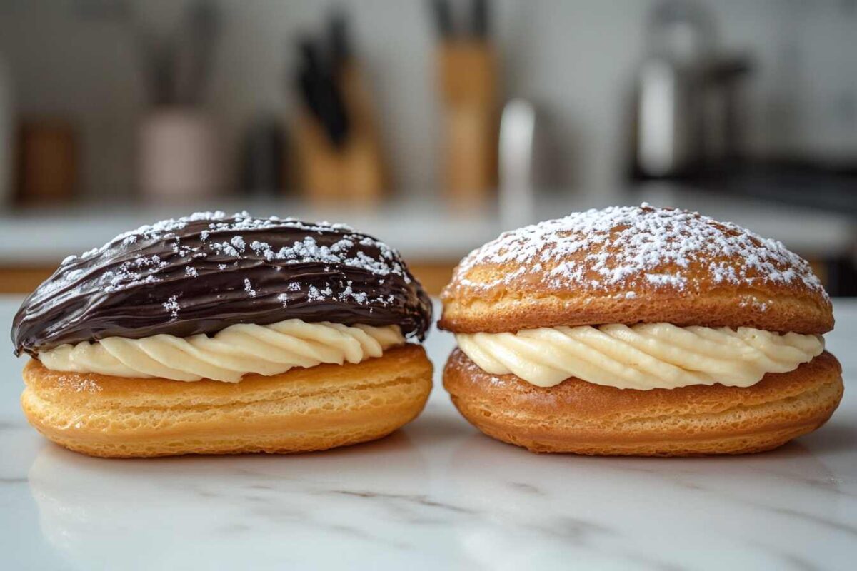 Close-up showing the difference between eclairs and profiteroles placed side by side.