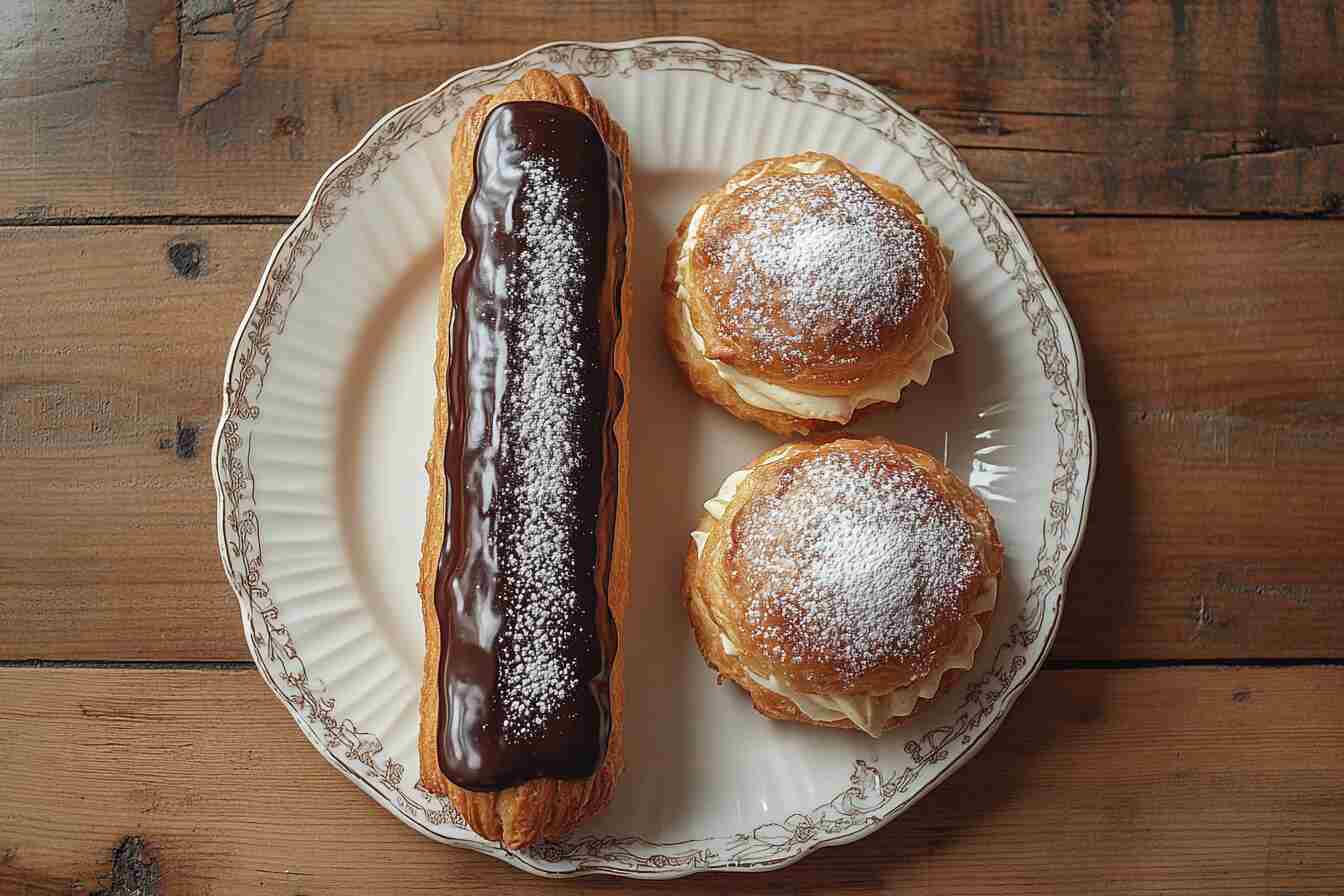 Eclairs and profiteroles side by side on a plate