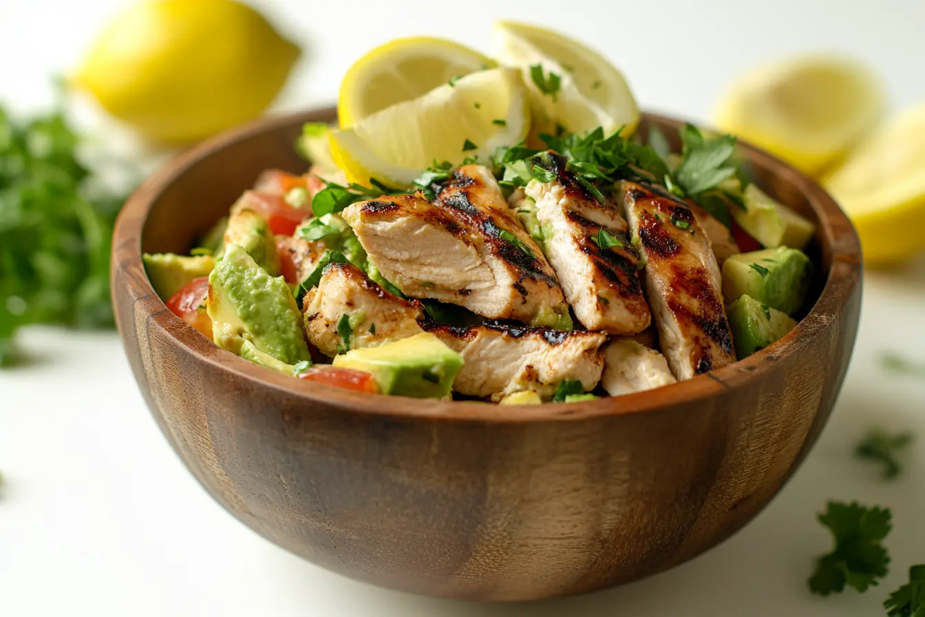 A delicious avocado chicken salad in a wooden bowl with fresh ingredients.