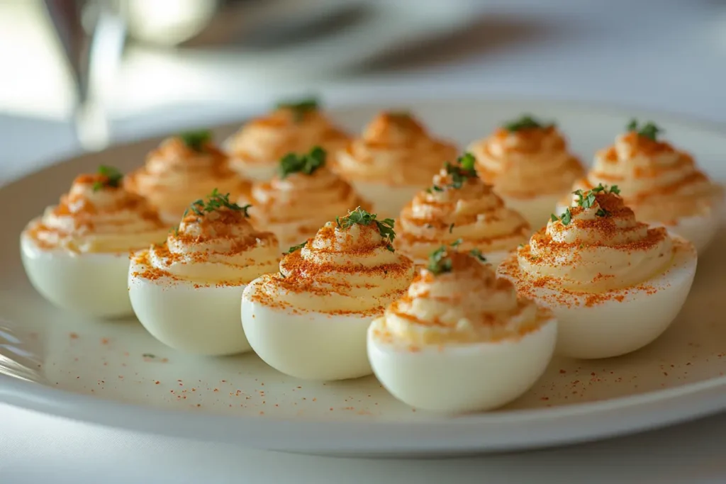 Deviled eggs garnished with paprika, fresh herbs, and a touch of chili flakes.