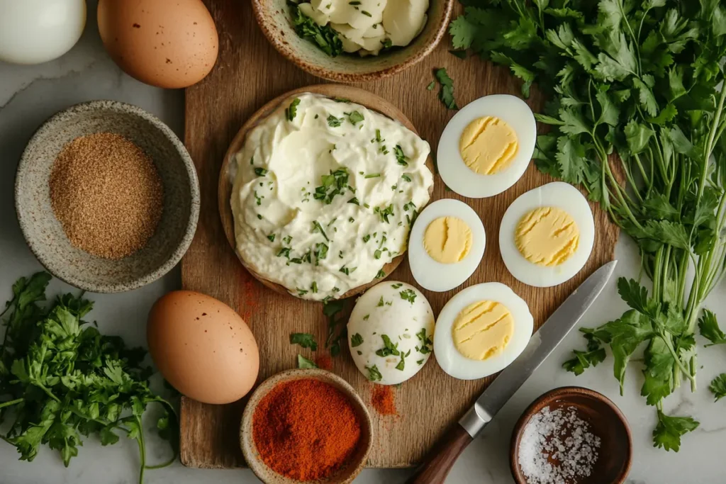 Deviled Egg Recipe Without Mayo: Ingredients including eggs, Greek yogurt, mustard, and paprika