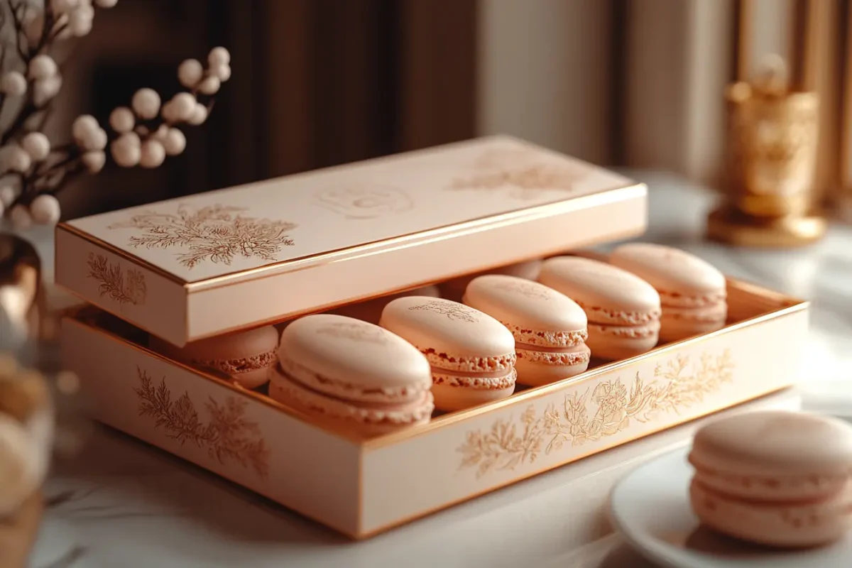What is special about French macarons? French macarons displayed in a luxury patisserie.