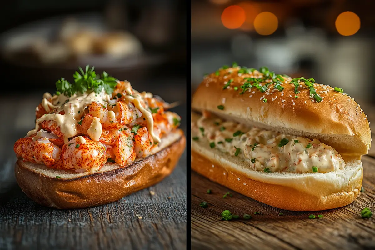 A split-screen image of a Maine lobster roll and a Connecticut lobster roll