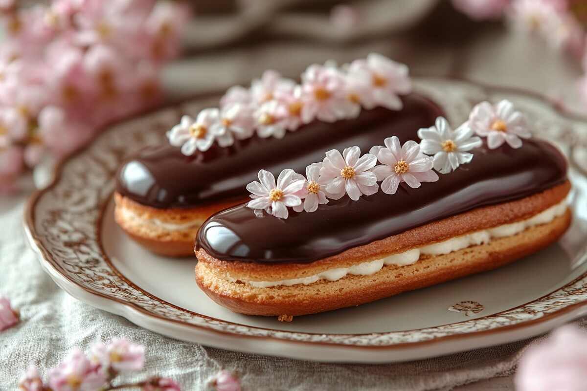 A platter of mini éclairs with glossy chocolate glaze, sprinkles, and gold leaf.