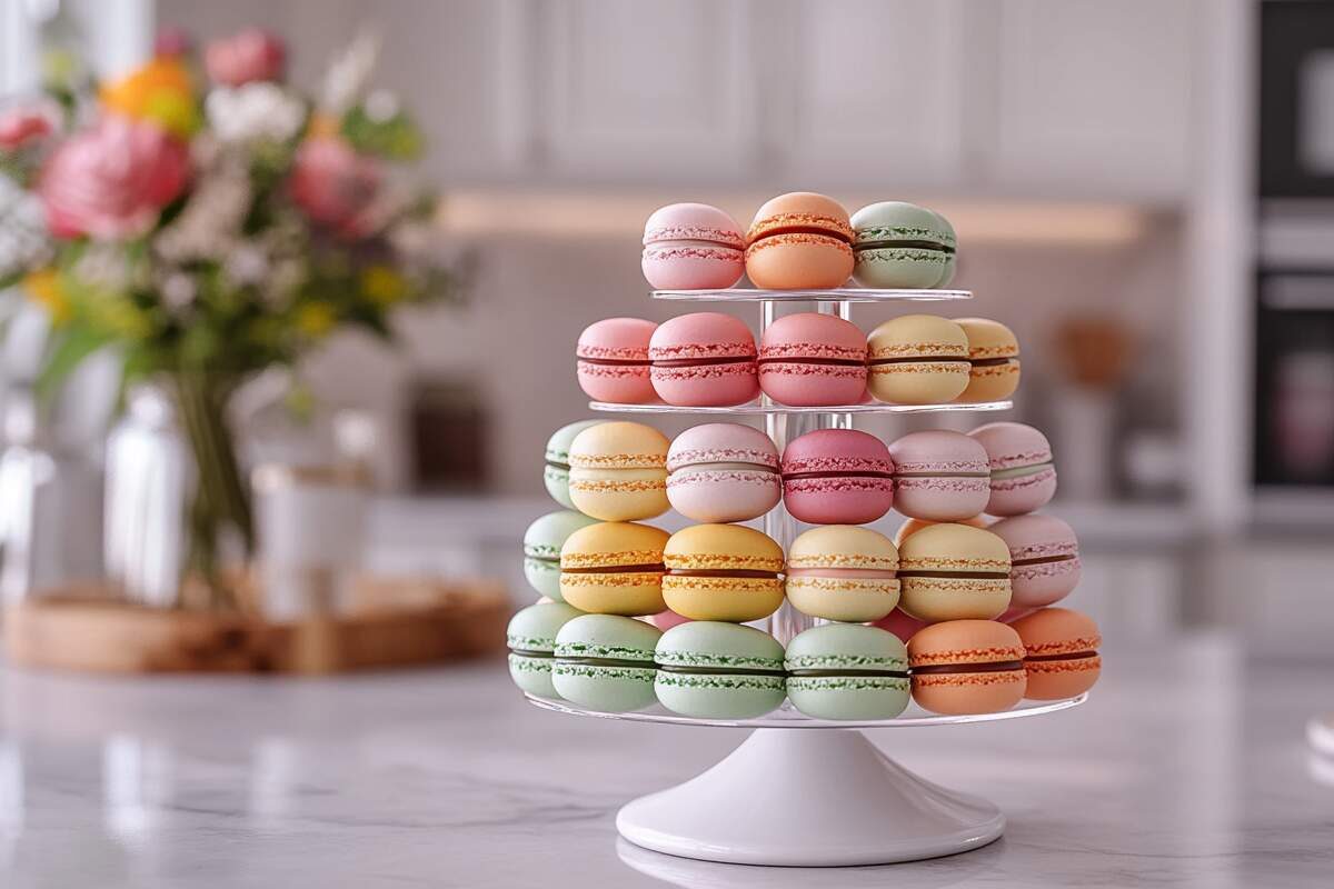 Colorful mini macarons arranged on a wooden plate.