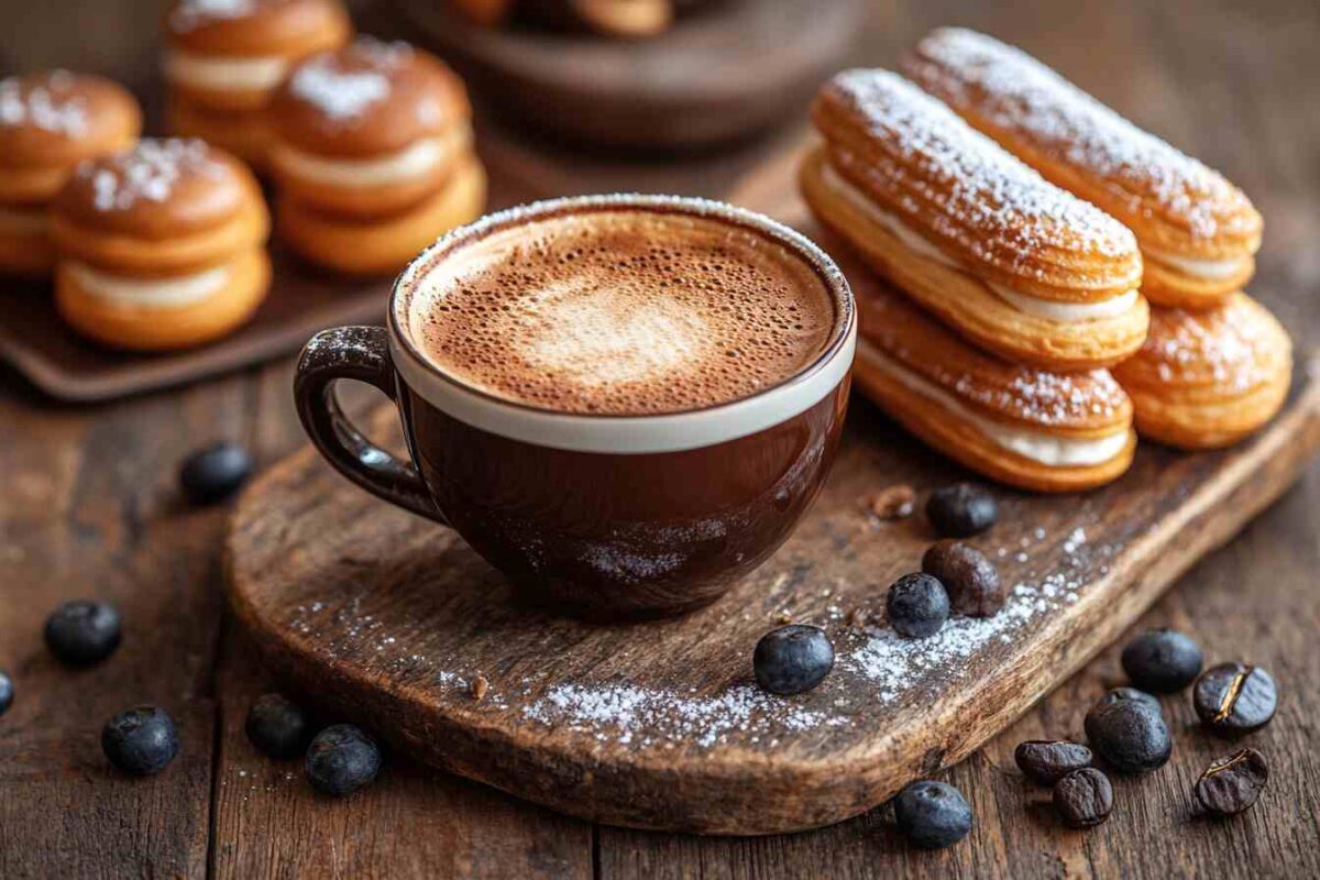 Eclairs served with coffee and profiteroles with dessert wine