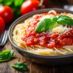 A bowl of freshly cooked pasta topped with tomato sauce, basil, and Parmesan cheese