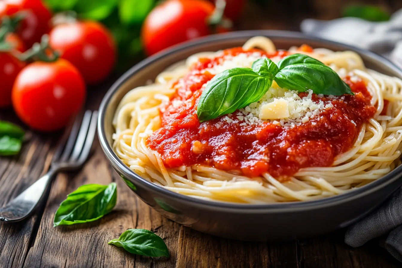 A bowl of freshly cooked pasta topped with tomato sauce, basil, and Parmesan cheese