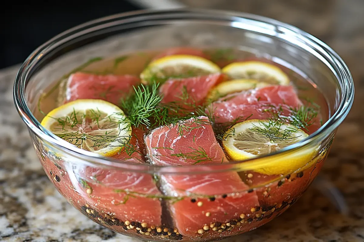 Should You Brine Tuna Steaks: Tuna steaks submerged in a brine solution