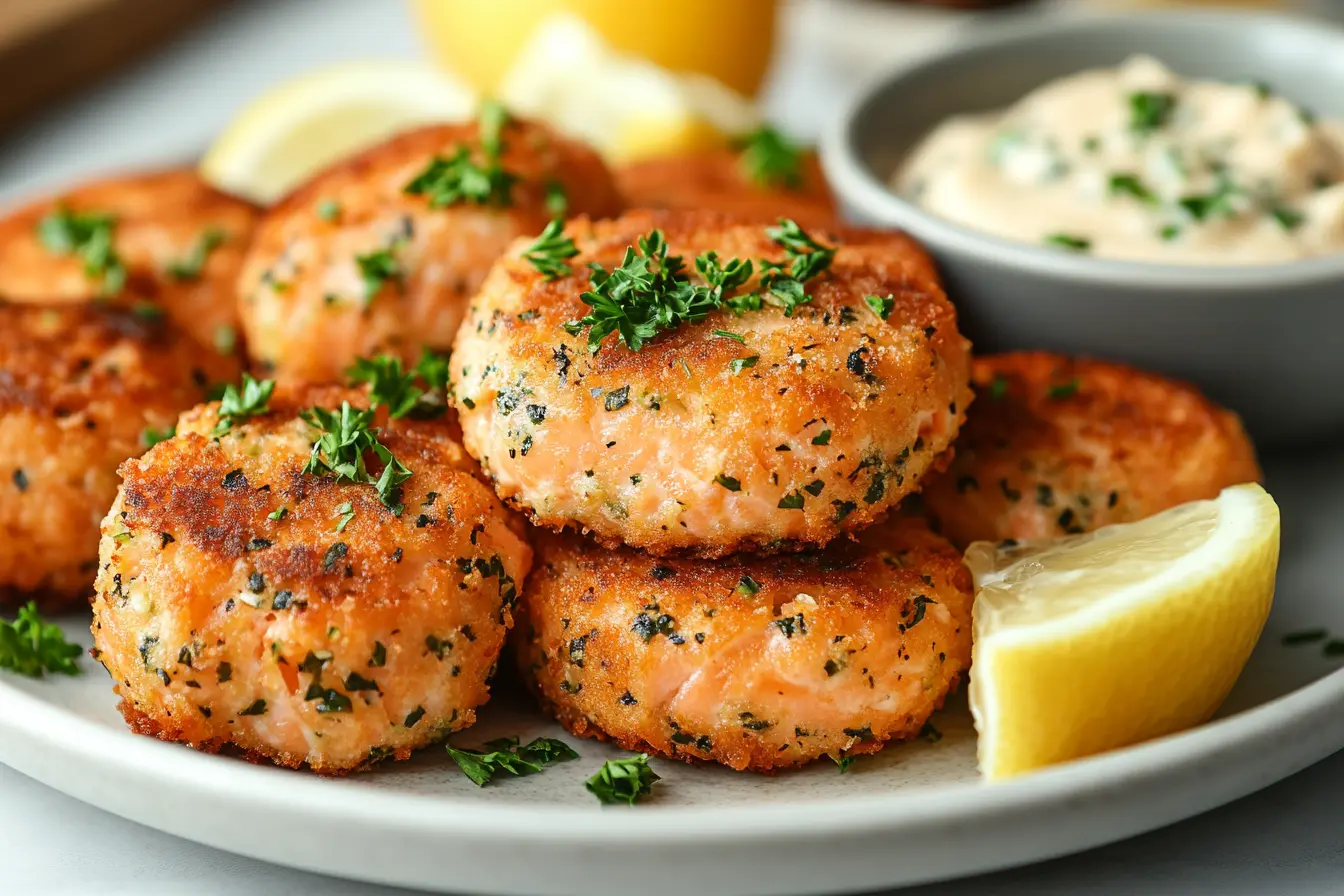 Salmon patties and salmon croquettes on a plate