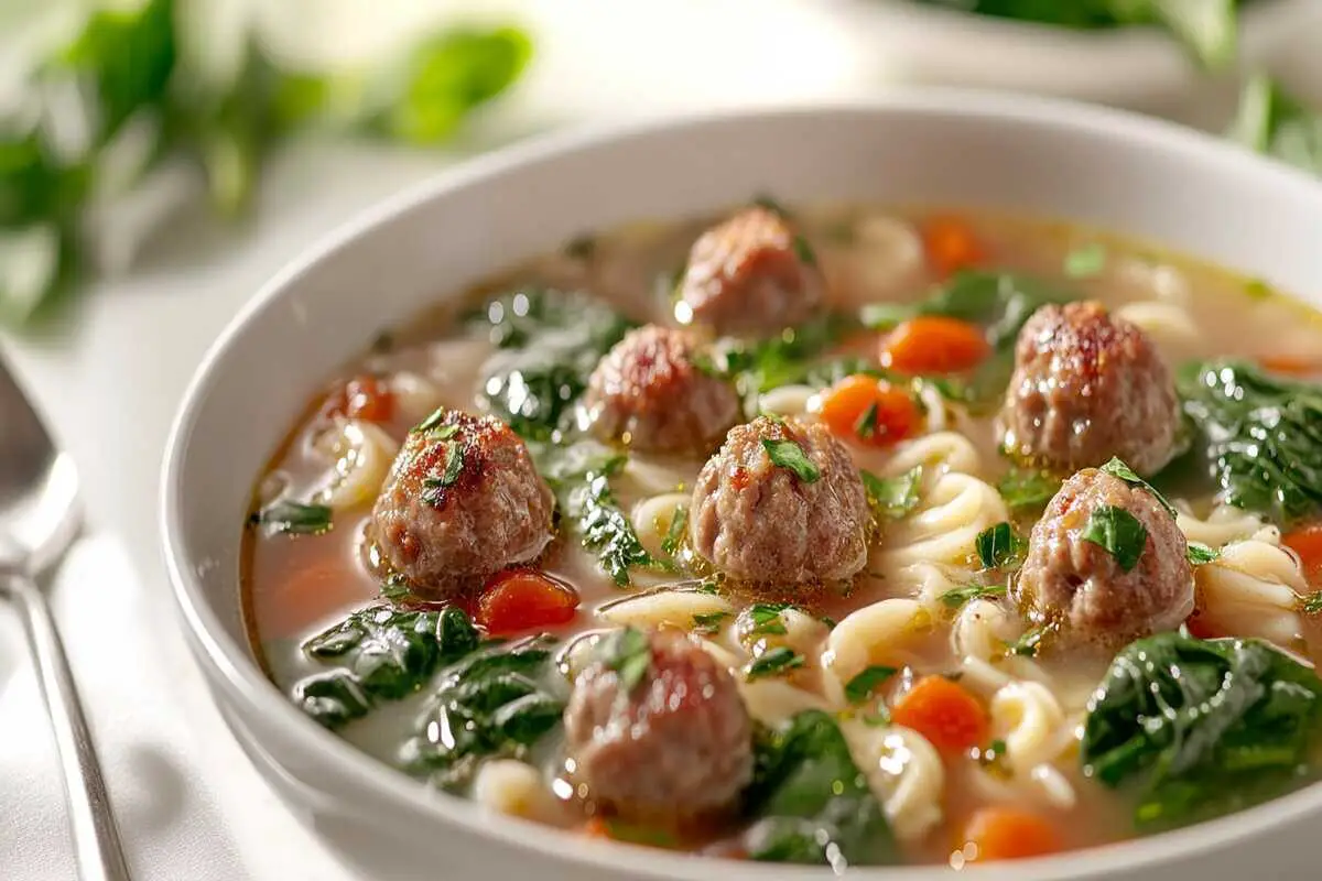 A steaming bowl of Slow Cooker Italian Wedding Soup with meatballs and greens