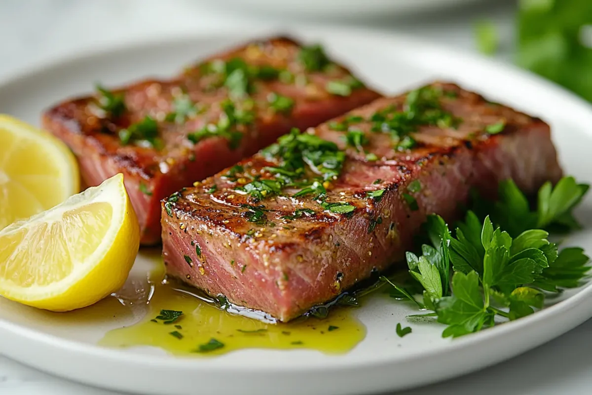 Fresh tuna steak with lemon and herbs