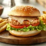 Juicy turkey burger with lettuce, tomato, and cheese on a sesame bun with fries.