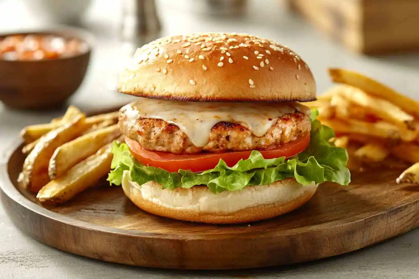 Juicy turkey burger with lettuce, tomato, and cheese on a sesame bun with fries.