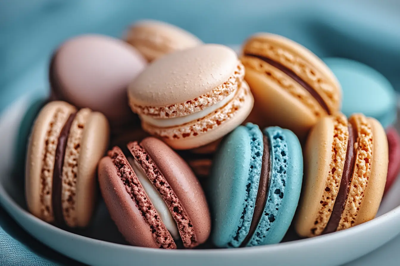 A close-up of colorful French macarons