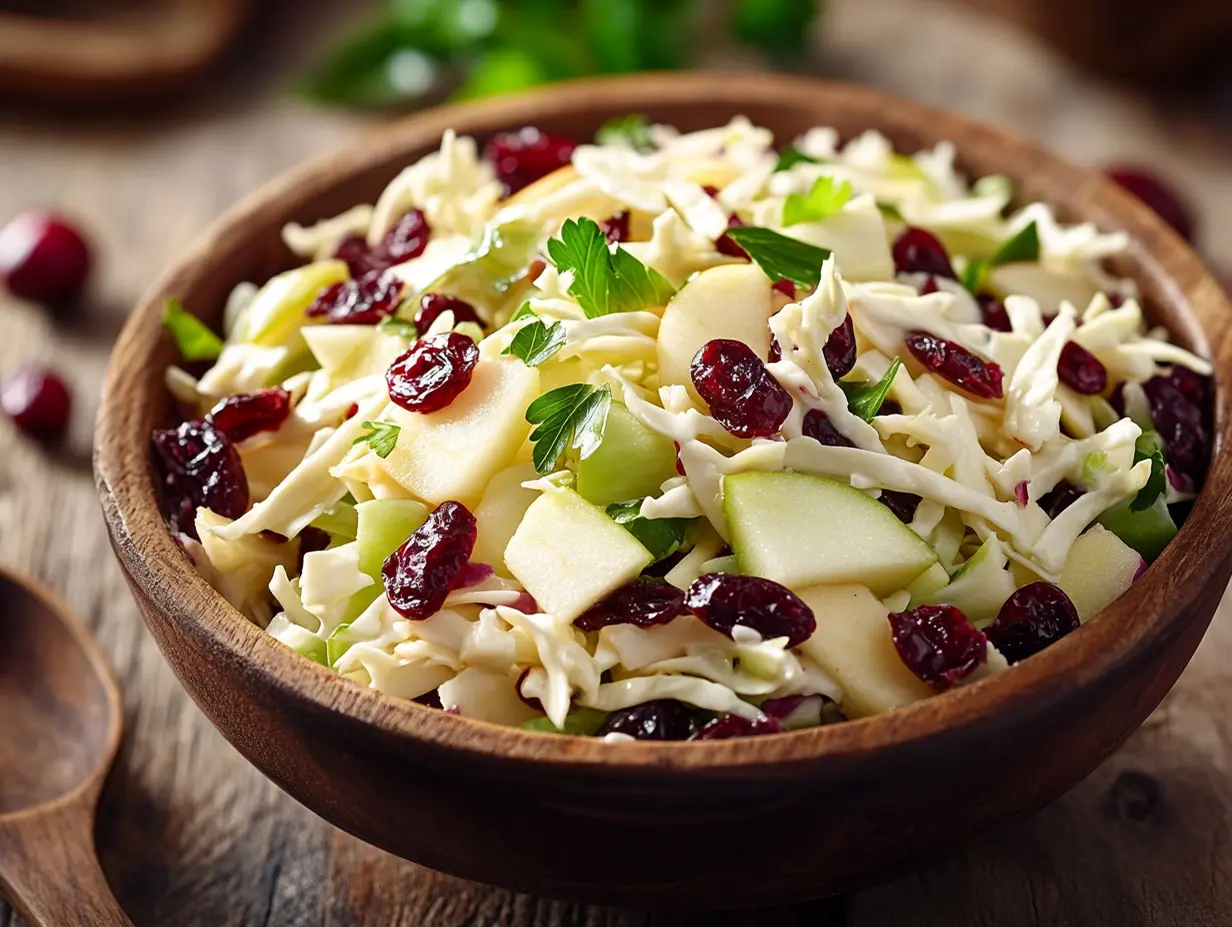A bowl of Apple Cranberry Coleslaw with apples and cranberries