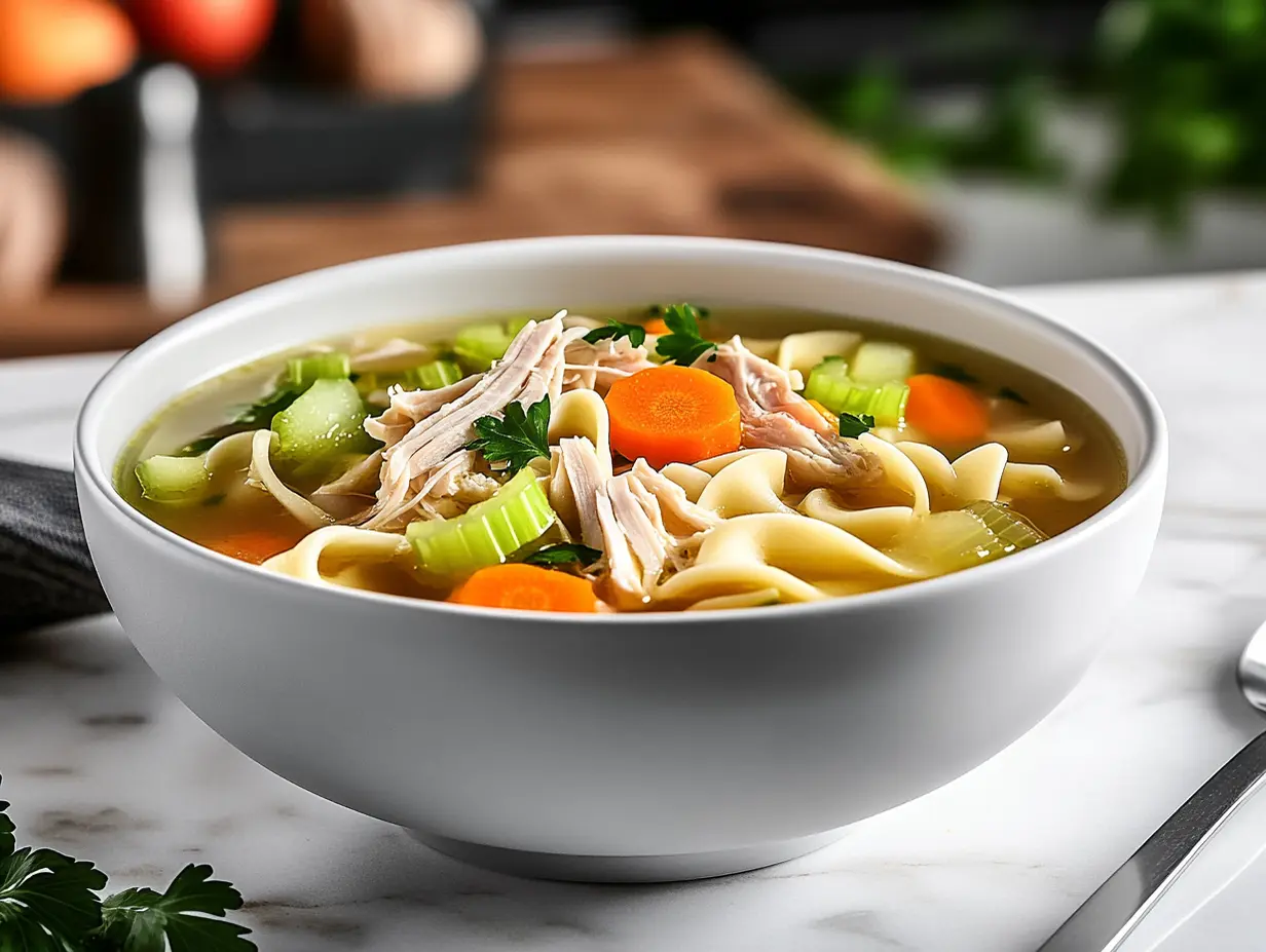 Close-up of turkey noodle soup in a modern white bowl on a marble counter.