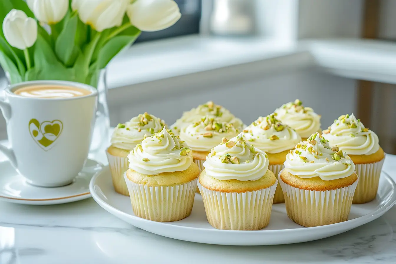 A plate of multiple pistachio cupcakes with matcha latte and fresh flowers in a modern kitchen.