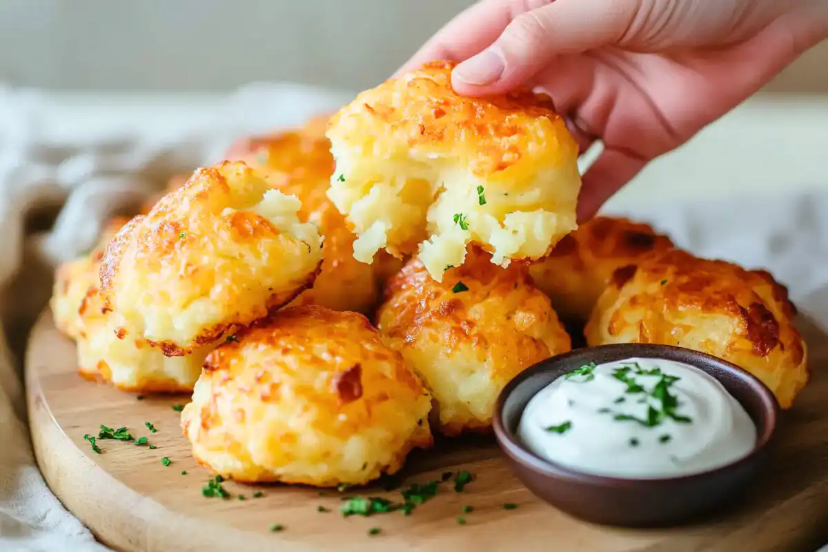 A plate of golden, crispy Cheesy Mashed Potato Puffs being pulled apart to reveal the gooey, cheesy inside, with warm lighting and a rustic kitchen background.