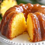 Golden pineapple juice cake in a Bundt shape, topped with caramelized pineapple slices and a glossy glaze, served on a white plate