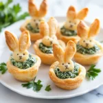 Easter Bunny Crescent Bites filled with spinach artichoke dip and topped with crescent roll bunny ears, garnished with herbs on a white plate