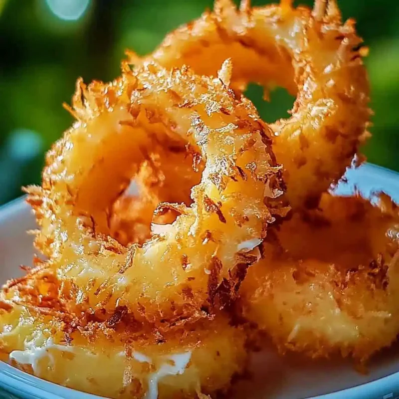 Crispy fried piña colada rings coated in golden coconut on a white plate
