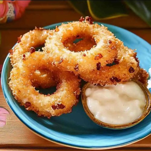 Crispy fried piña colada rings coated in golden coconut on a white plate