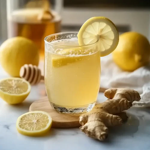 4 ingredient Mounjaro recipe drink made with lemon, ginger, honey, and water, served in a clear glass with fresh ingredients around.