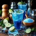 A refreshing glass of the blue salt trick recipe with Persian blue salt, lime, and mint, served over ice.