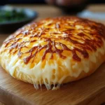 Golden, oven-free cheese bread with melted cheese crust on a wooden board
