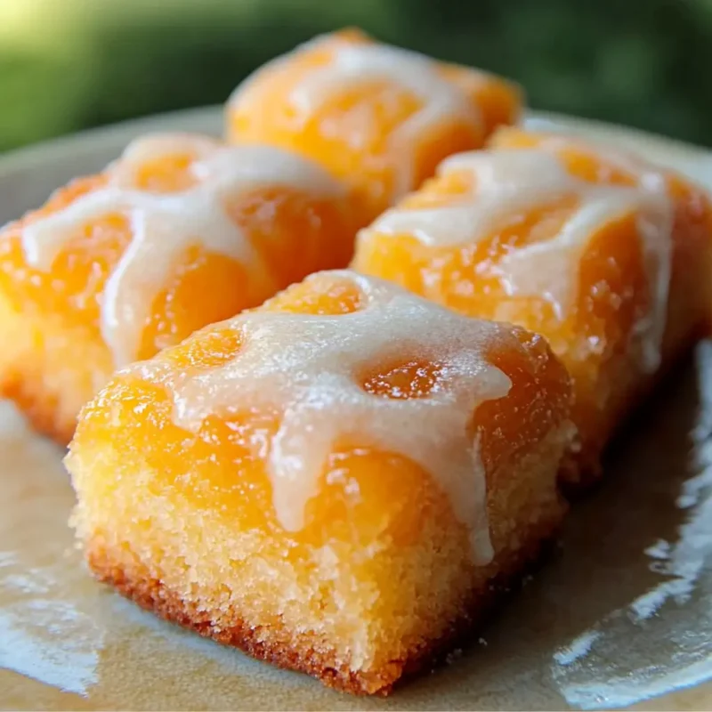 Peach Cobbler Pound Cake Twinkies topped with a sweet vanilla glaze, showing golden sponge and peach chunks