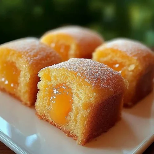 Close-up of homemade Peach Cobbler Pound Cake Twinkies filled with caramelized peach center and dusted with powdered sugar.