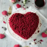 Red Velvet Mole Cake in a Heart Shape topped with red velvet crumbs on a white plate