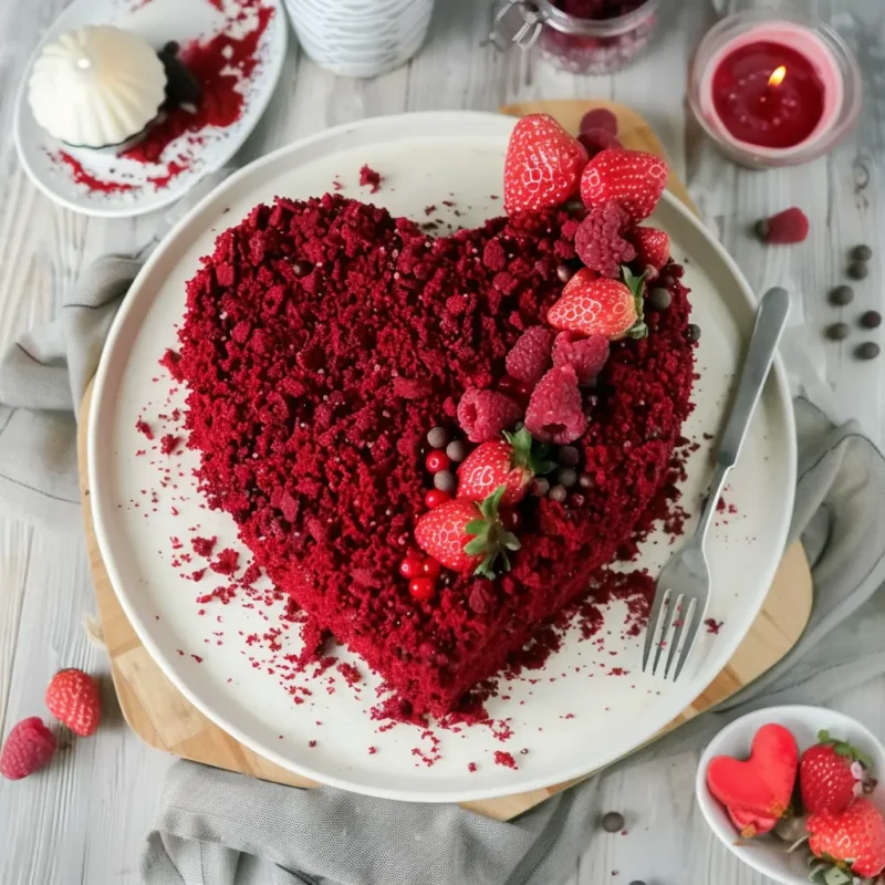 Red Velvet Mole Cake in a heart shape topped with fresh strawberries, raspberries, red currants, and chocolate pearls on a white plate.