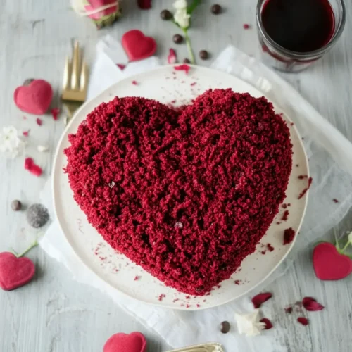Red Velvet Mole Cake in a Heart Shape topped with red velvet crumbs on a white plate