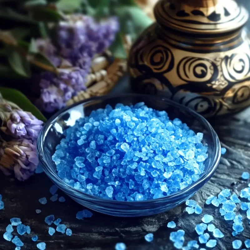 Bowl of Persian blue salt crystals used in the blue salt trick recipe for hydration and energy.