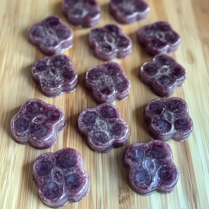 Paw-shaped blueberry beef gelatin dog treats arranged on a wooden board.