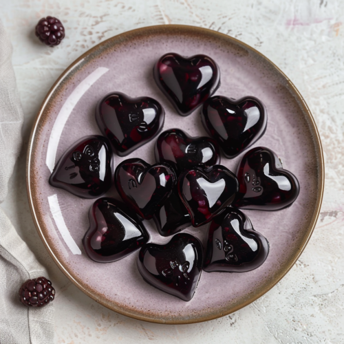 Heart-shaped blueberry beef gelatin treats for dogs arranged on a ceramic plate.